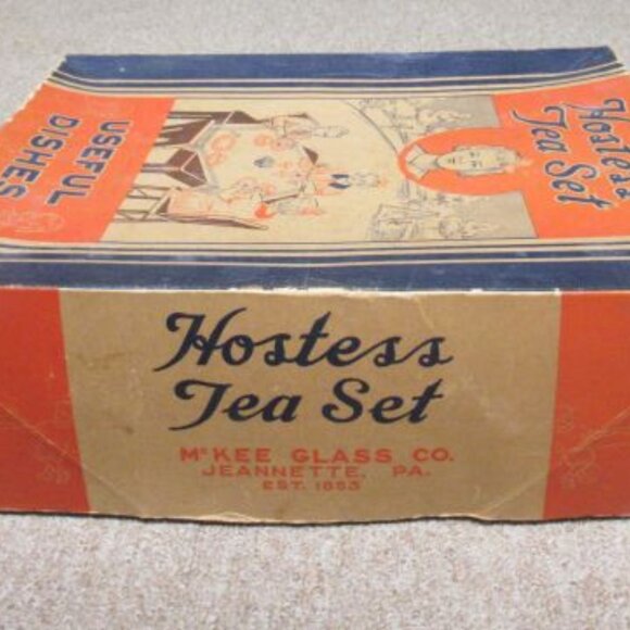 McKee Glass Custard LAUREL Red Trim 14 Pc Childs Hostess Tea Set O. Display Box - Picture 6 of 8